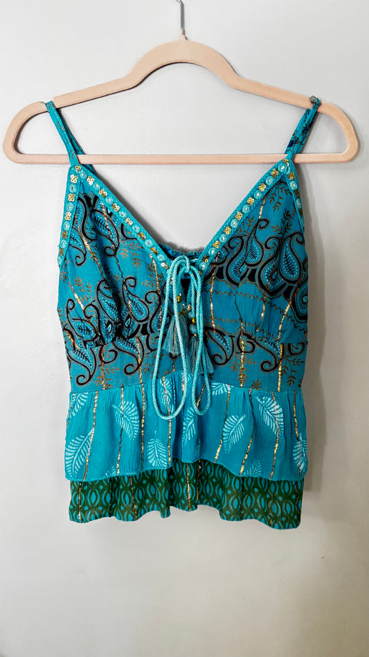 Ethereal Aqua & Gold 2-Piece Bohemian Set | Tiered Maxi Skirt & Embellished Top