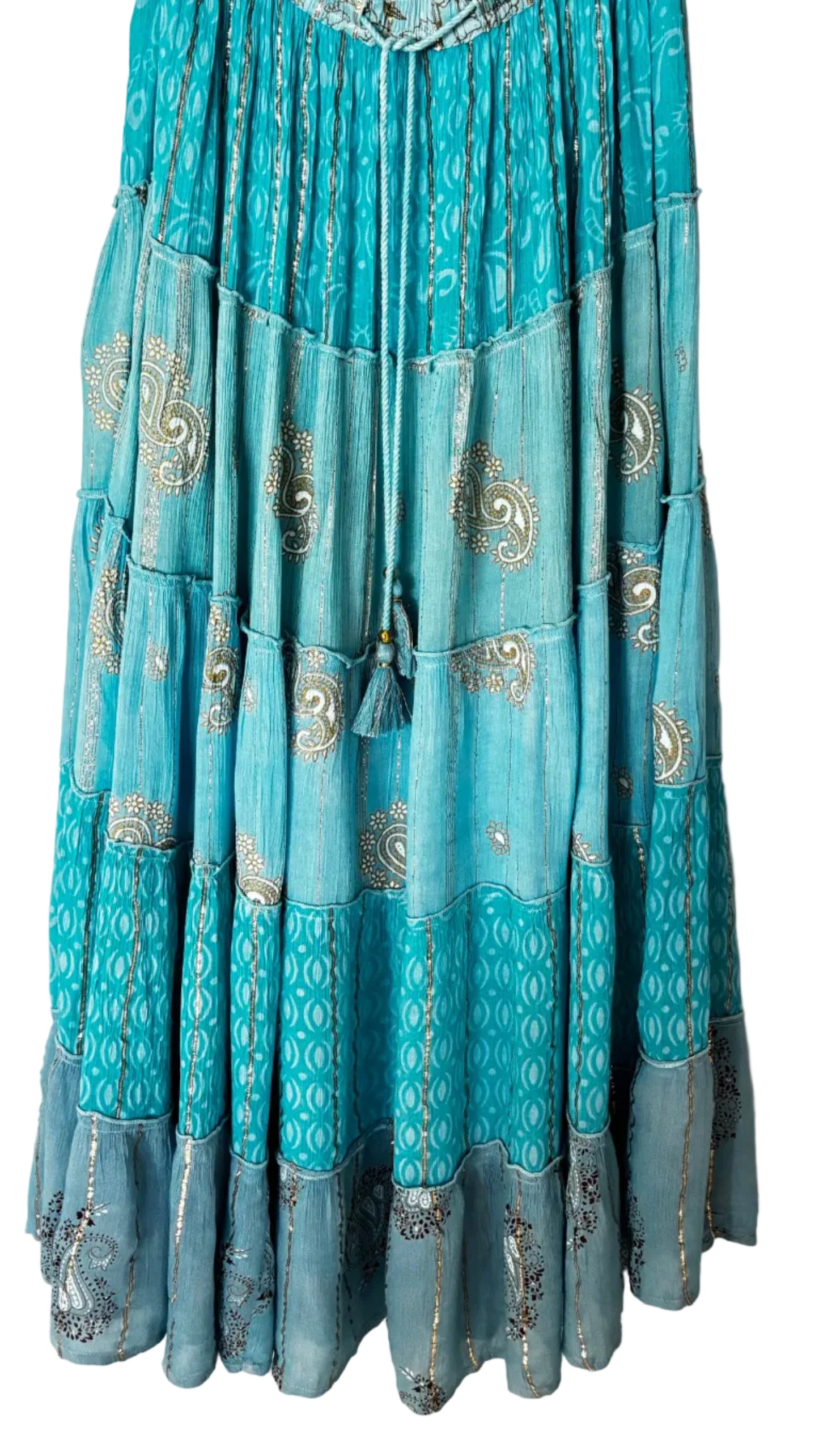 Ethereal Aqua & Gold 2-Piece Bohemian Set | Tiered Maxi Skirt & Embellished Top