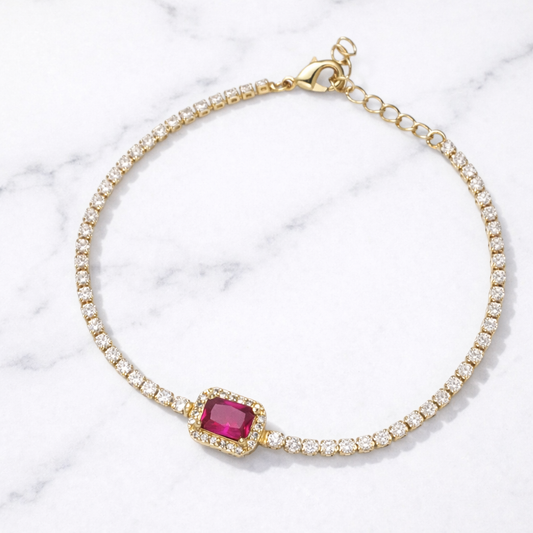 Magenta Gem Baguette Tennis Bracelet – Rhodium Plated & Gold Filled