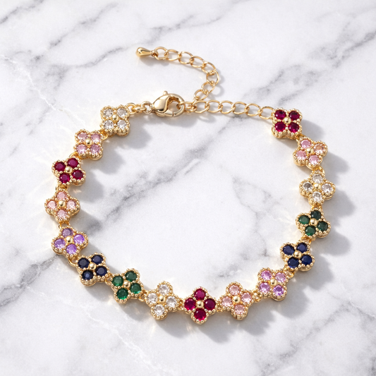Vibrant Multicolor Flower Tennis Bracelet – Gold Filled & Rhodium Plated