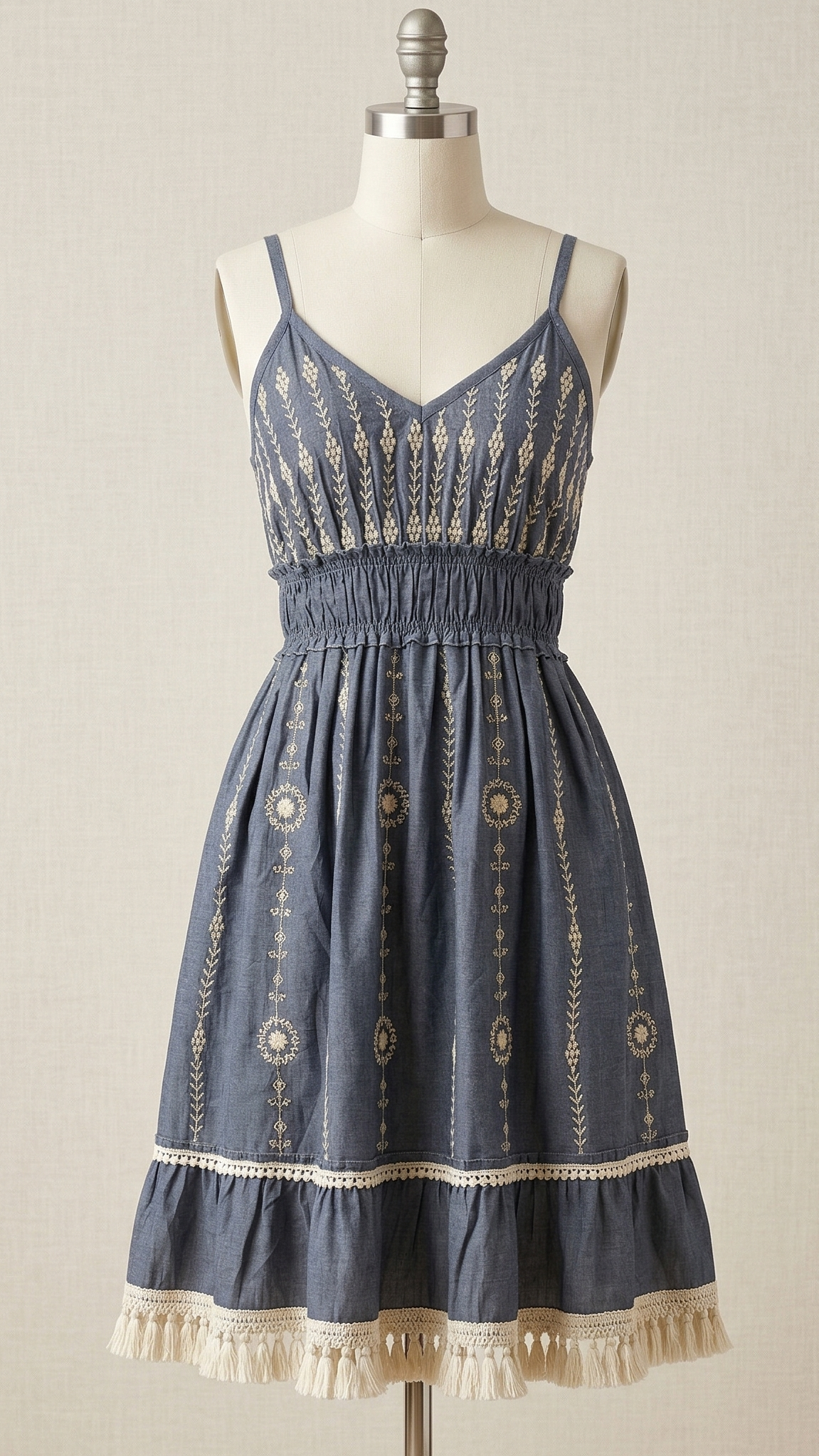 Vintage-Inspired Embroidered Boho Dress with Tassel Hem – Denim Blue
