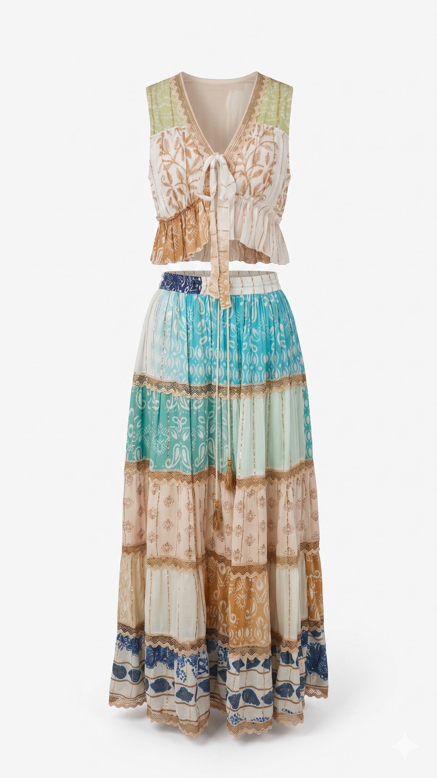 Eclectic Oasis 2-Piece Set | Mixed Print Maxi Skirt & Tie-Front Top