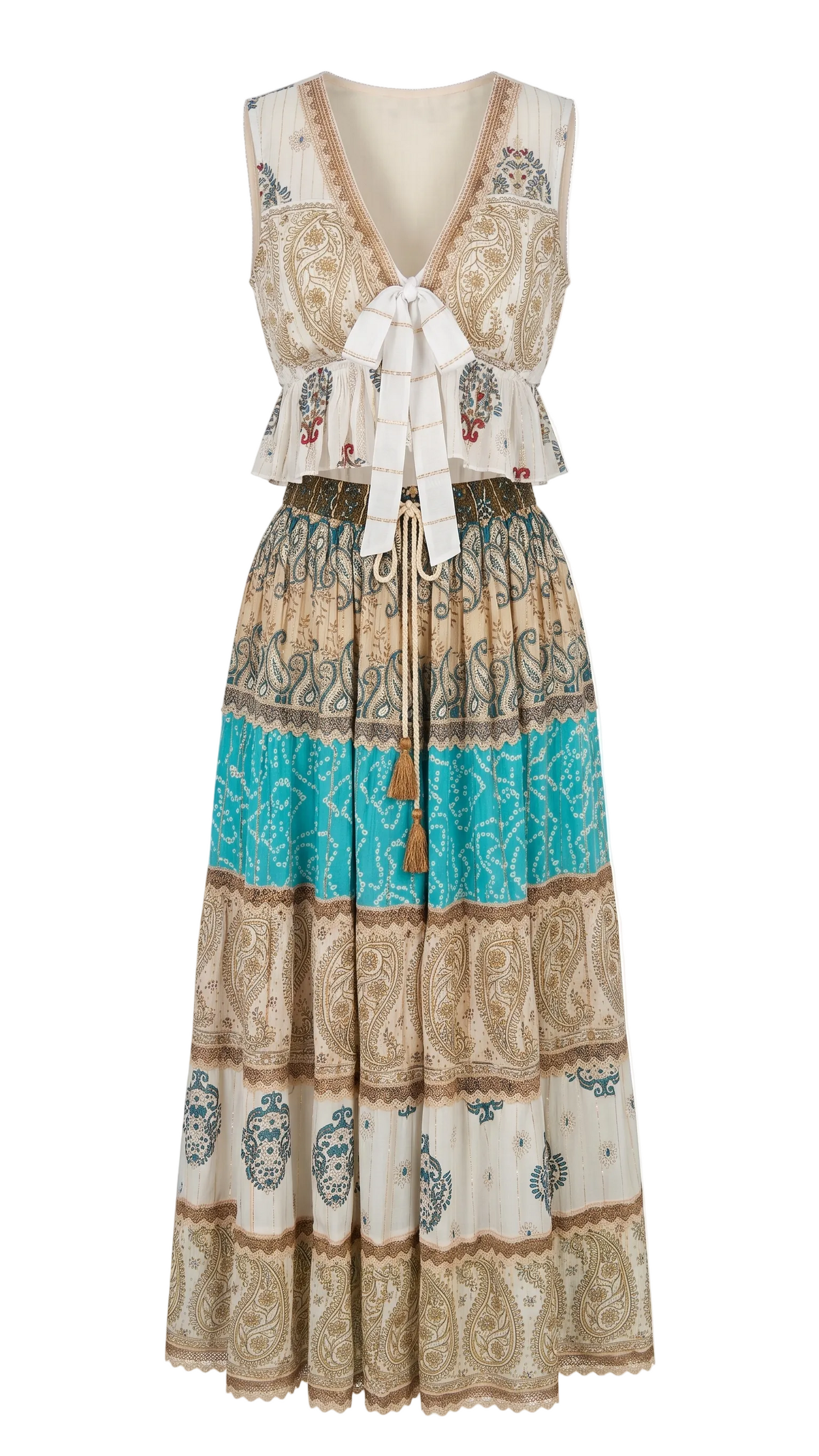 Eclectic Oasis 2-Piece Set | Mixed Print Maxi Skirt & Tie-Front Top