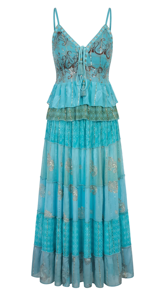 Ethereal Aqua & Gold 2-Piece Bohemian Set | Tiered Maxi Skirt & Embellished Top