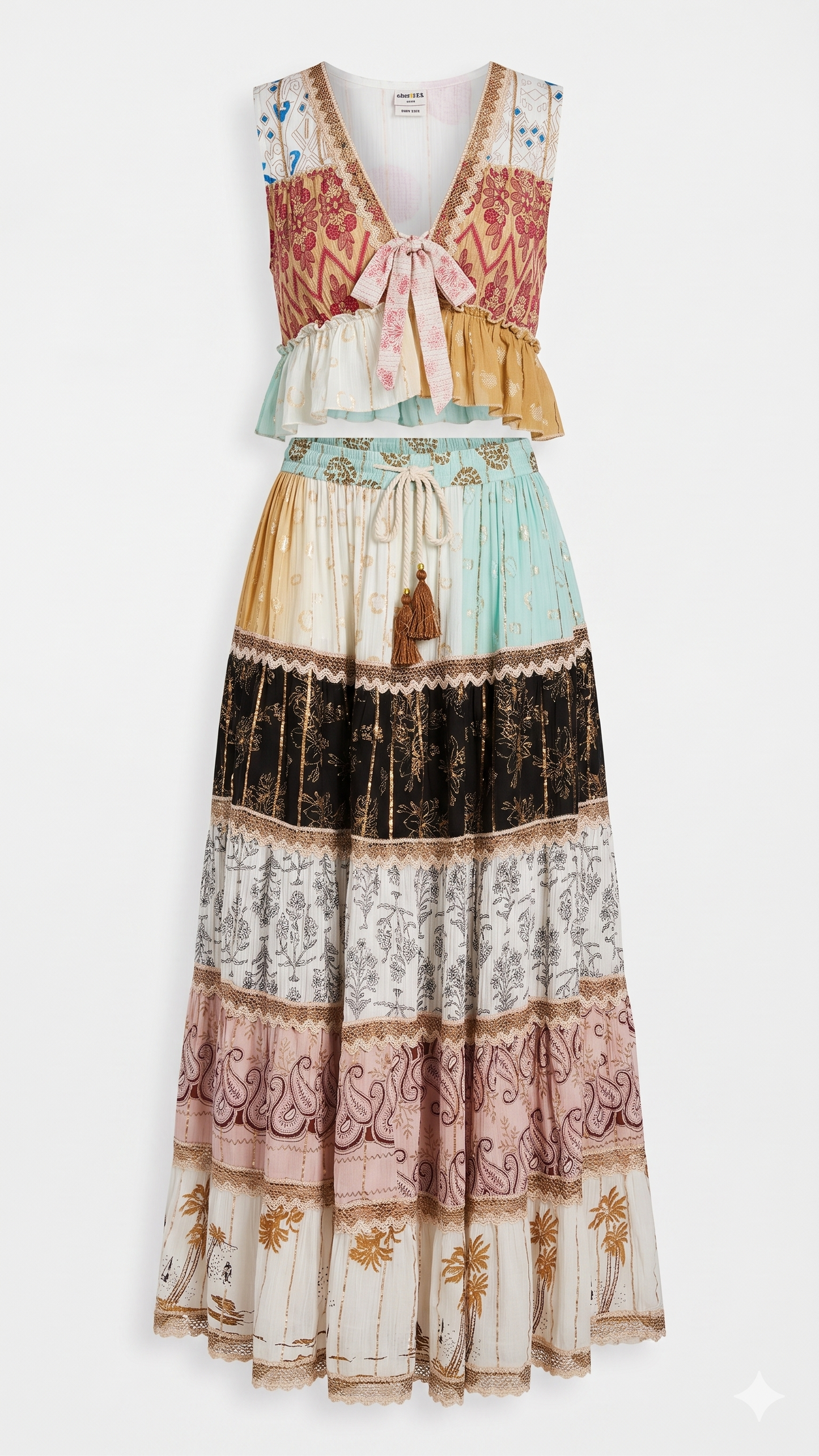 Eclectic Oasis 2-Piece Set | Mixed Print Maxi Skirt & Tie-Front Top