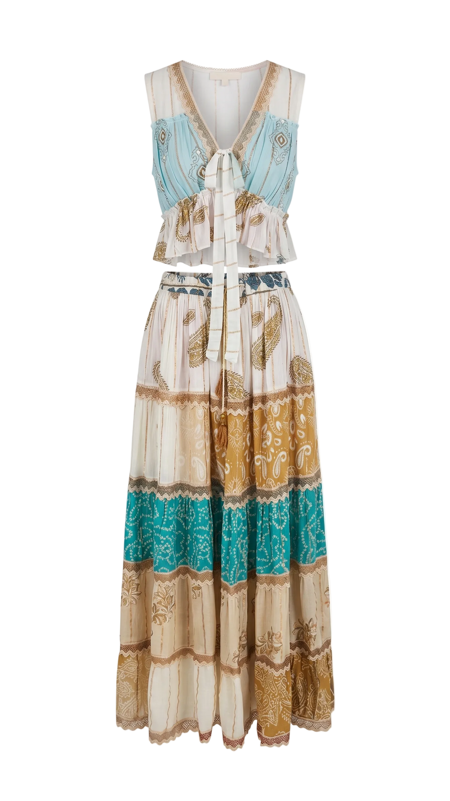 Eclectic Oasis 2-Piece Set | Mixed Print Maxi Skirt & Tie-Front Top