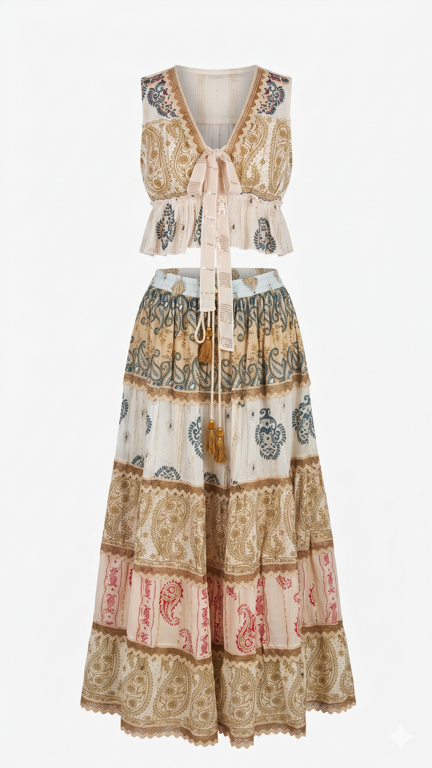 Eclectic Oasis 2-Piece Set | Mixed Print Maxi Skirt & Tie-Front Top