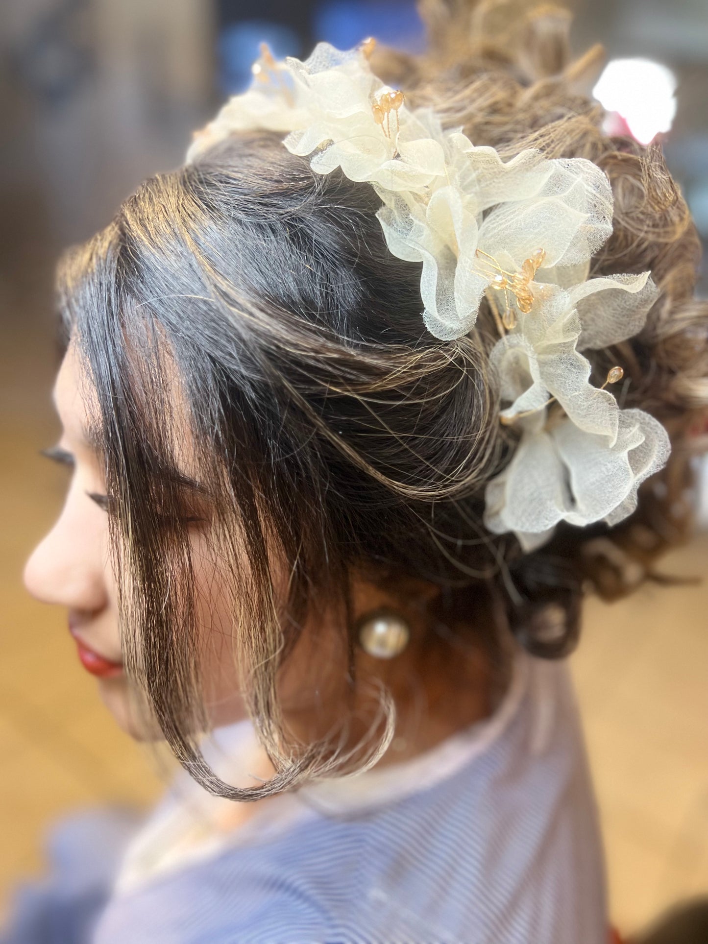 Ethereal Floral Bridal Tiara — Organza Petals & Gold Bead Accents | Limited Edition