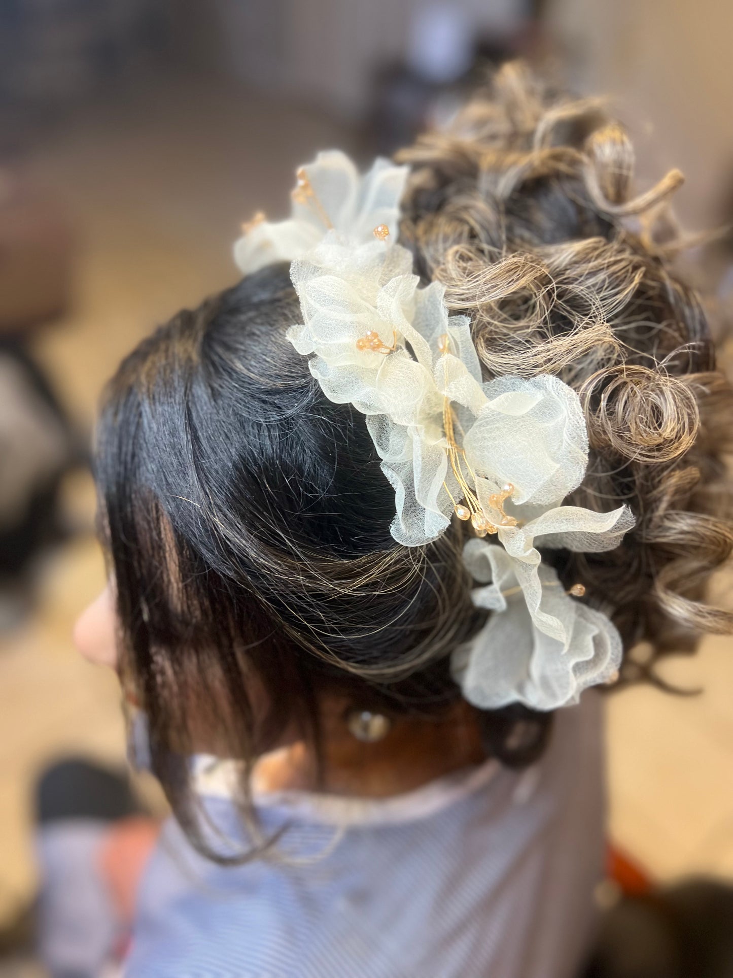 Ethereal Floral Bridal Tiara — Organza Petals & Gold Bead Accents | Limited Edition