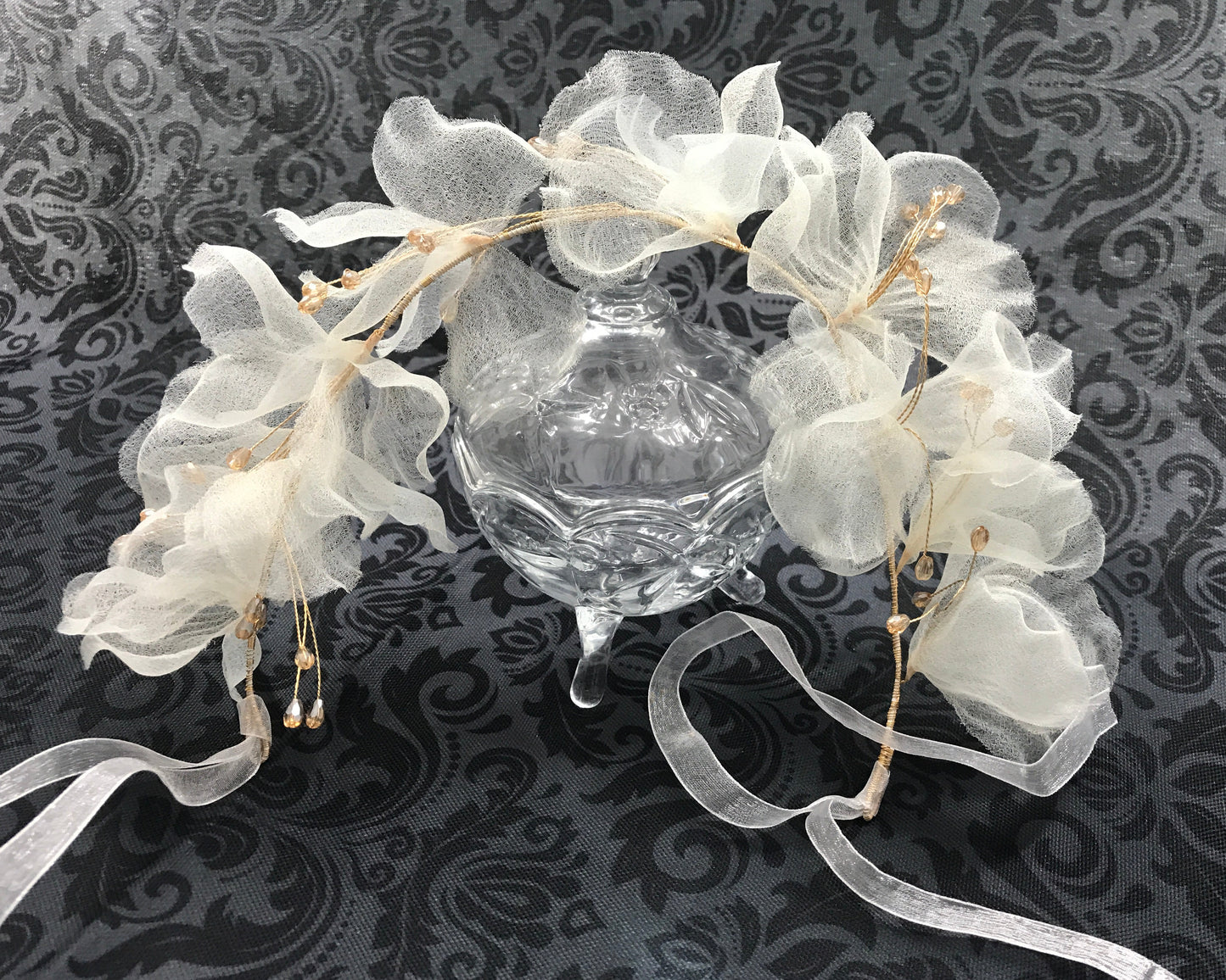 Ethereal Floral Bridal Tiara — Organza Petals & Gold Bead Accents | Limited Edition