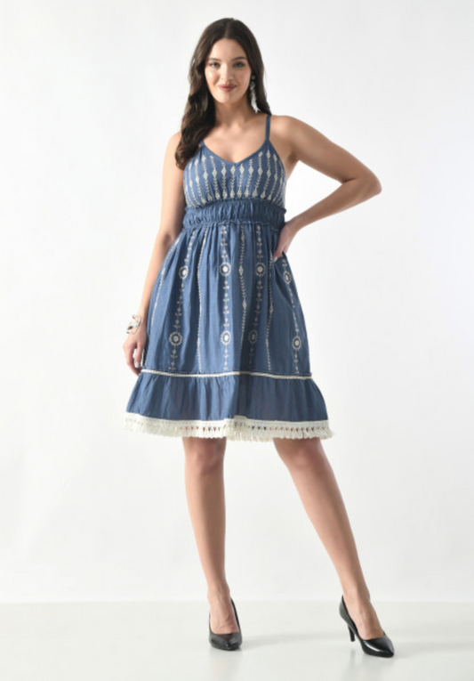 Vintage-Inspired Embroidered Boho Dress with Tassel Hem – Denim Blue