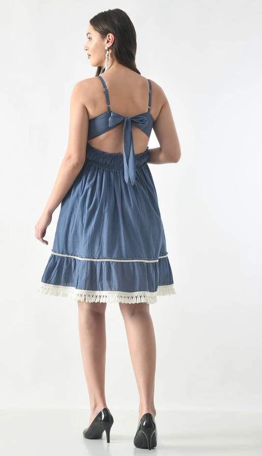 Vintage-Inspired Embroidered Boho Dress with Tassel Hem – Denim Blue