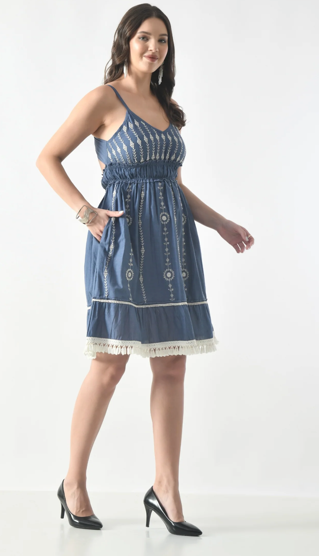 Vintage-Inspired Embroidered Boho Dress with Tassel Hem – Denim Blue