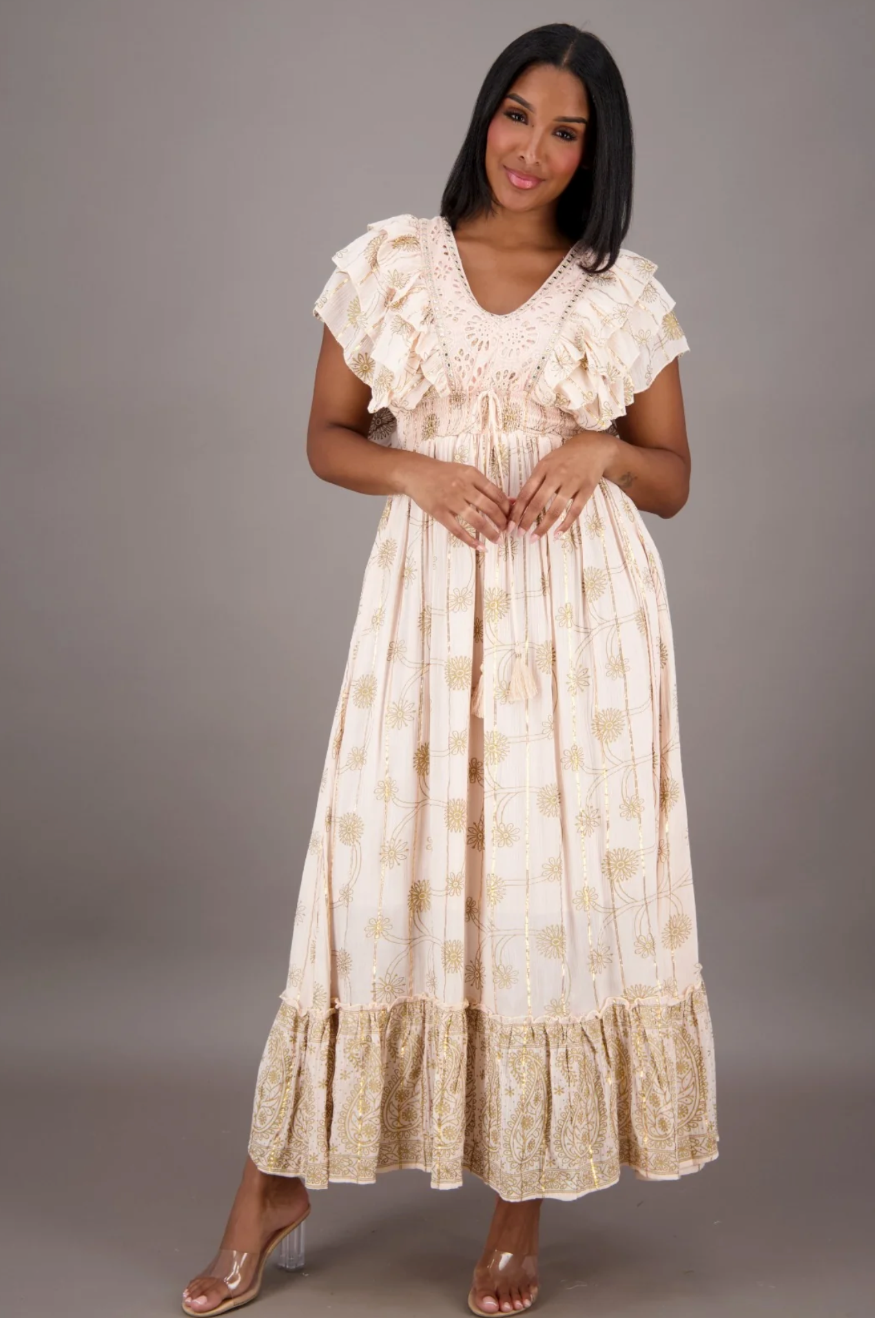 Ethereal Golden Floral Boho Maxi Dress – Romantic Ruffle & Lace DetailEthereal Golden Floral Boho Maxi Dress – Romantic Ruffle & Lace Detail