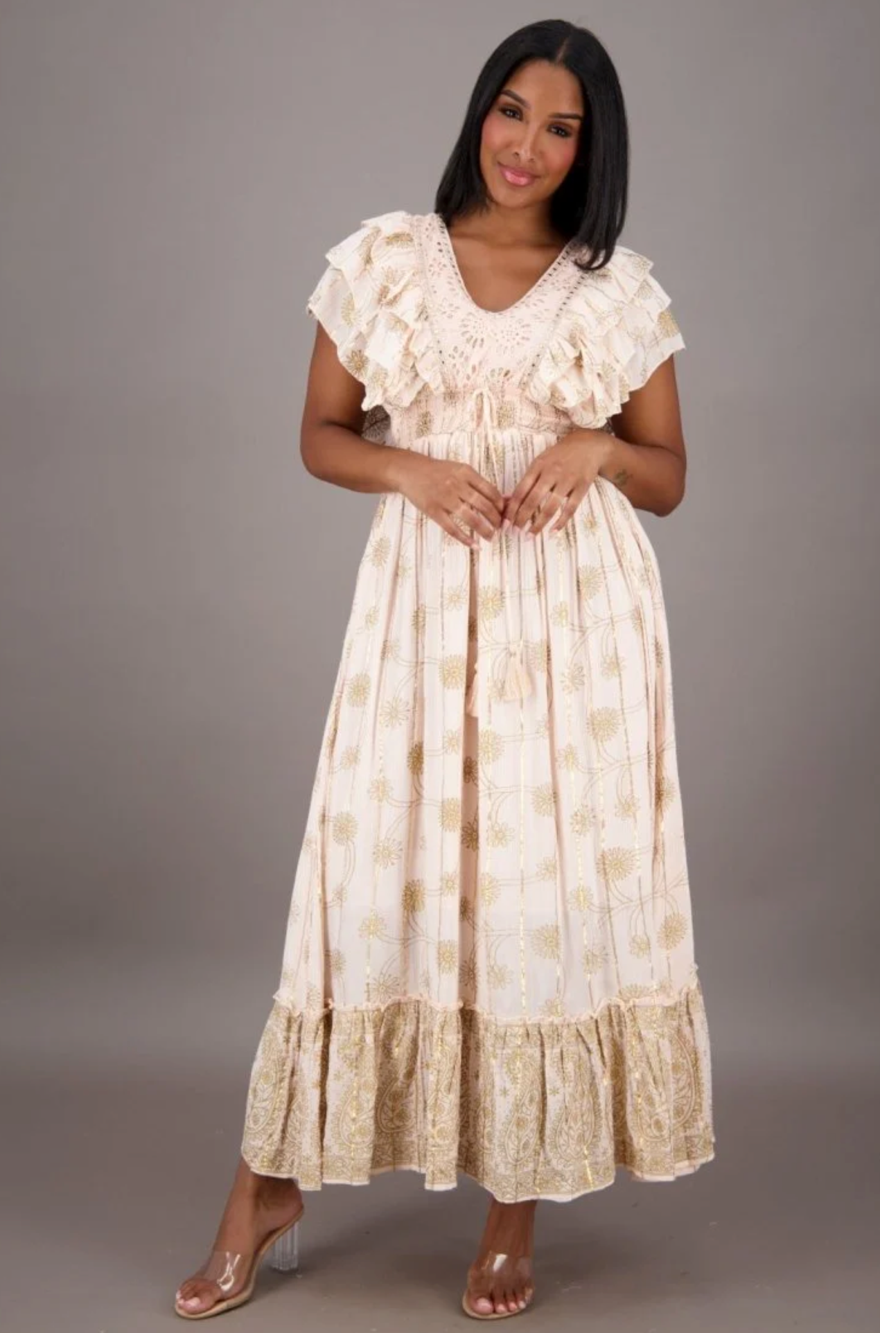Ethereal Golden Floral Boho Maxi Dress – Romantic Ruffle & Lace DetailEthereal Golden Floral Boho Maxi Dress – Romantic Ruffle & Lace Detail
