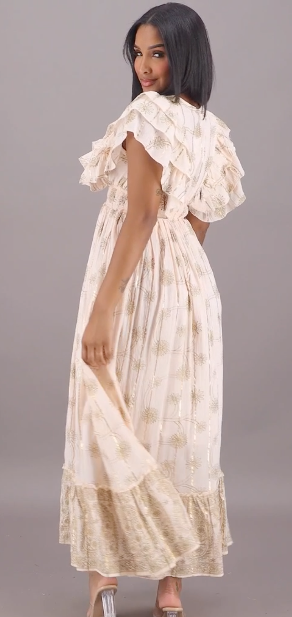 Ethereal Golden Floral Boho Maxi Dress – Romantic Ruffle & Lace DetailEthereal Golden Floral Boho Maxi Dress – Romantic Ruffle & Lace Detail