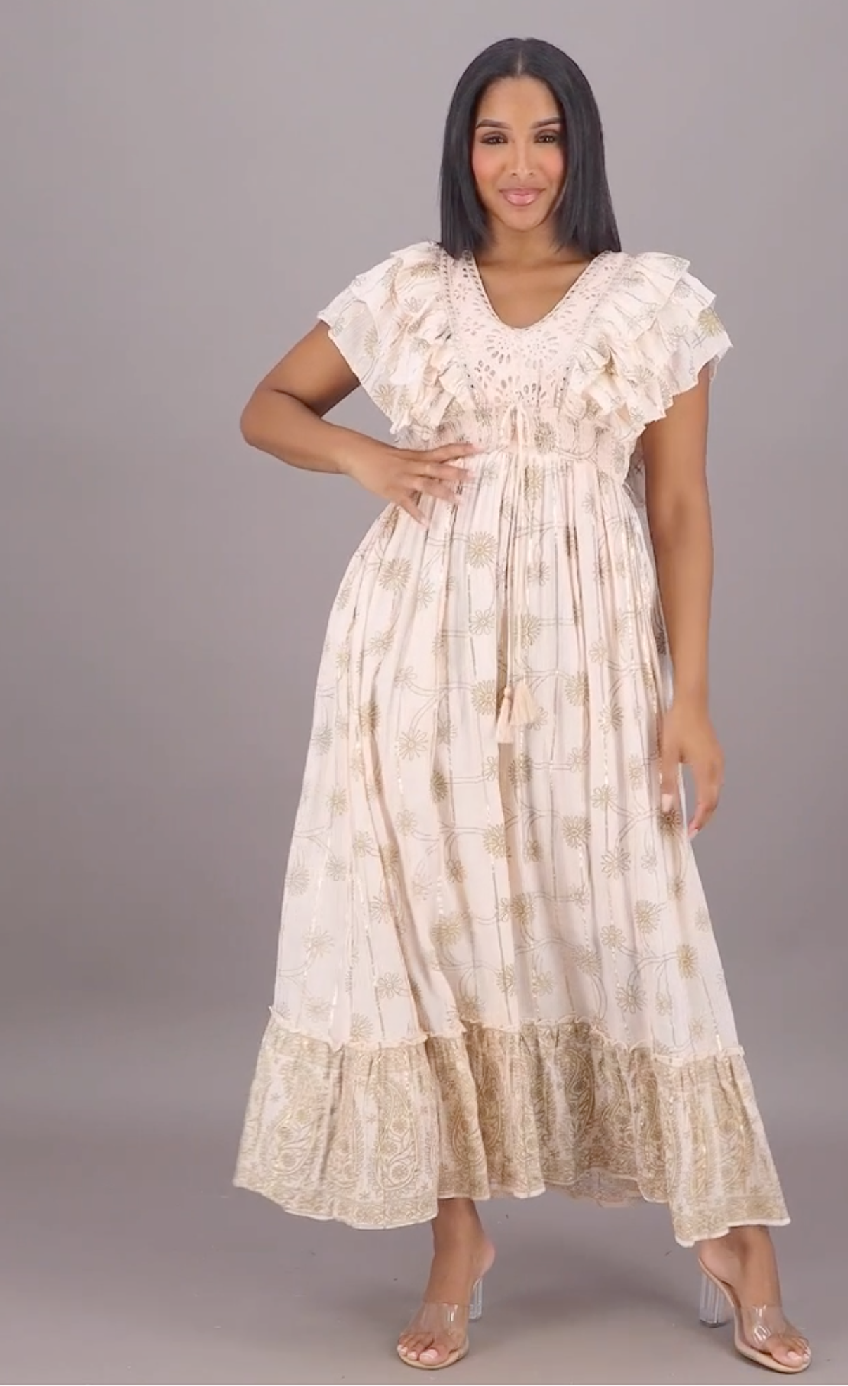 Ethereal Golden Floral Boho Maxi Dress – Romantic Ruffle & Lace DetailEthereal Golden Floral Boho Maxi Dress – Romantic Ruffle & Lace Detail