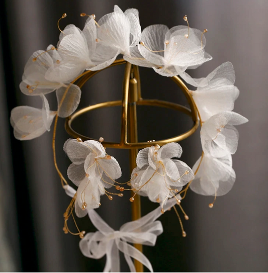 Ethereal Floral Bridal Tiara — Organza Petals & Gold Bead Accents | Limited Edition