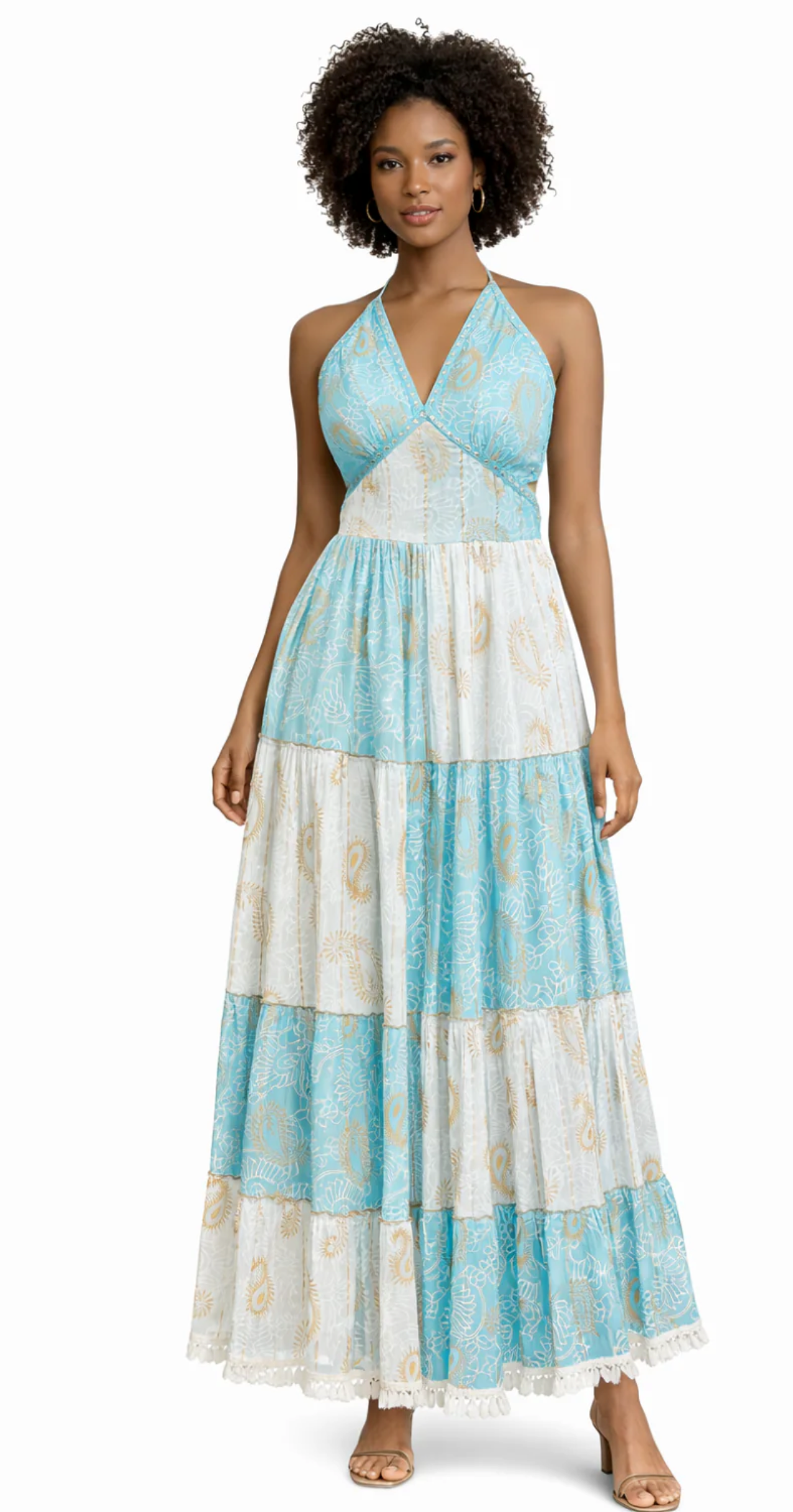 Boho Halter Tiered Maxi Dress - Blue & White